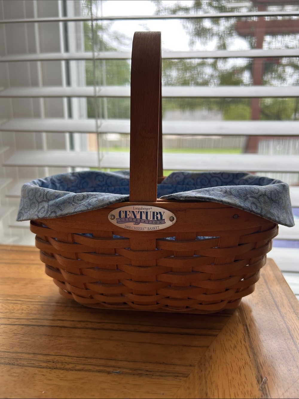 Longaberger Natural Wood Basket with Blue Fabric Liner
